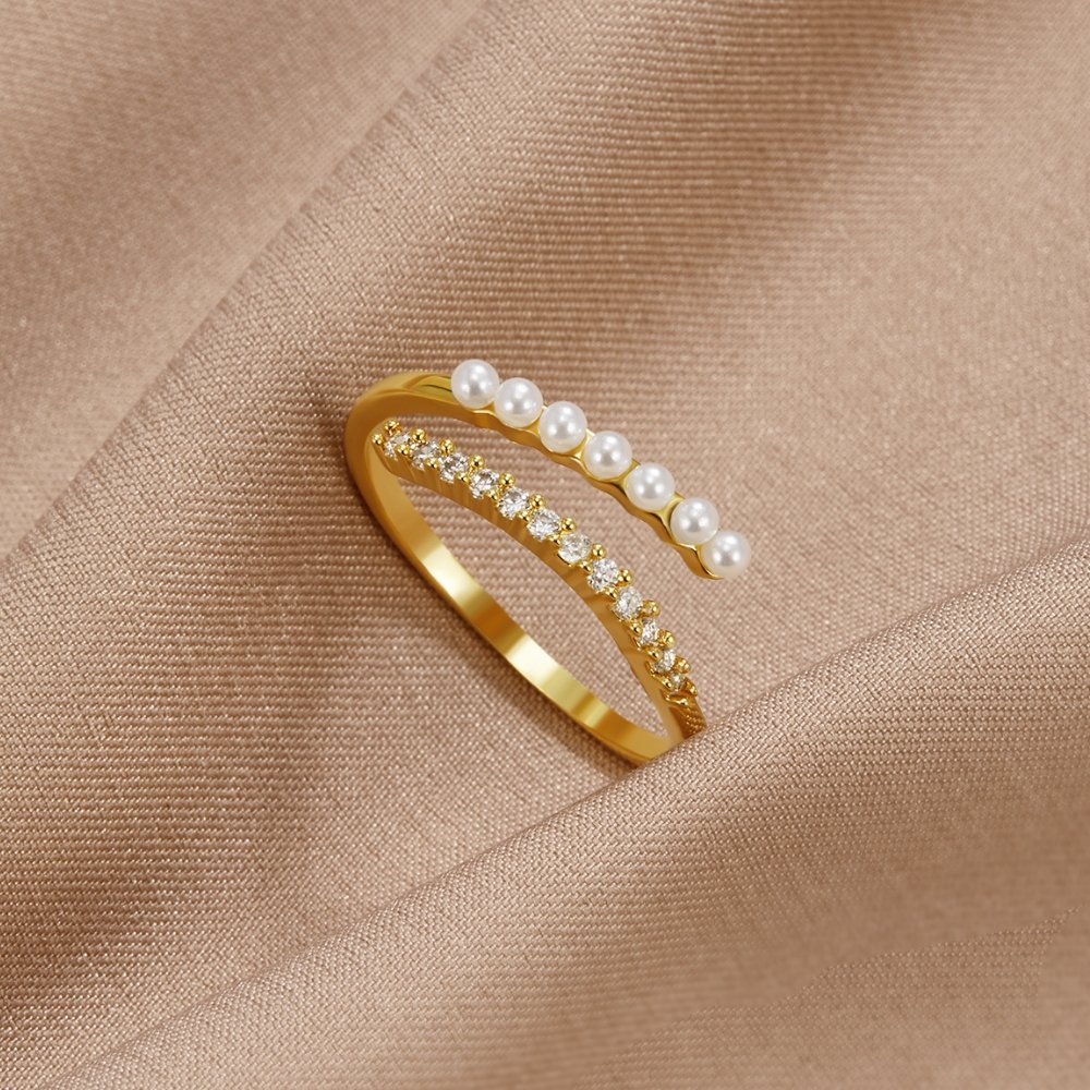 18K Gold-Plated Stainless Steel Wrap Ring with Pearl and Crystal