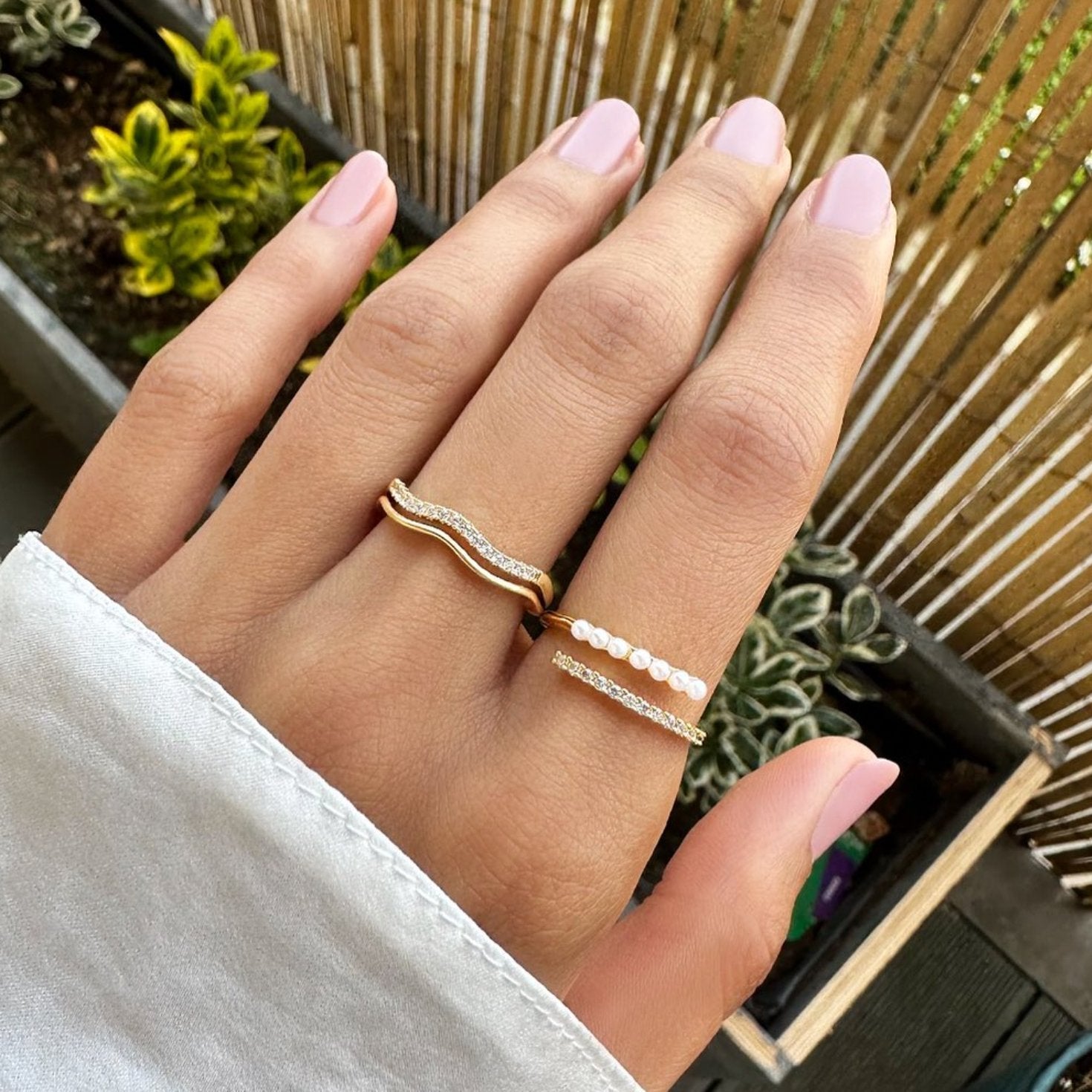 18K Gold-Plated Stainless Steel Wrap Ring with Pearl and Crystal