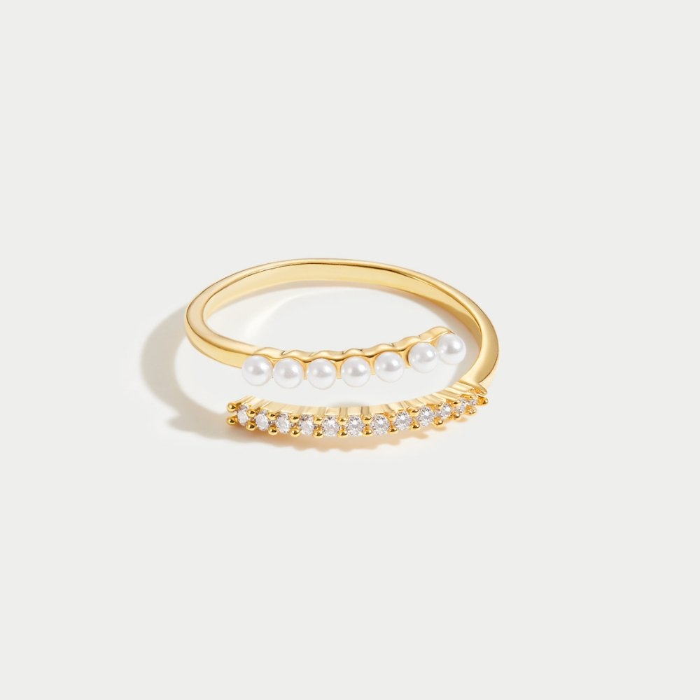 18K Gold-Plated Stainless Steel Wrap Ring with Pearl and Crystal